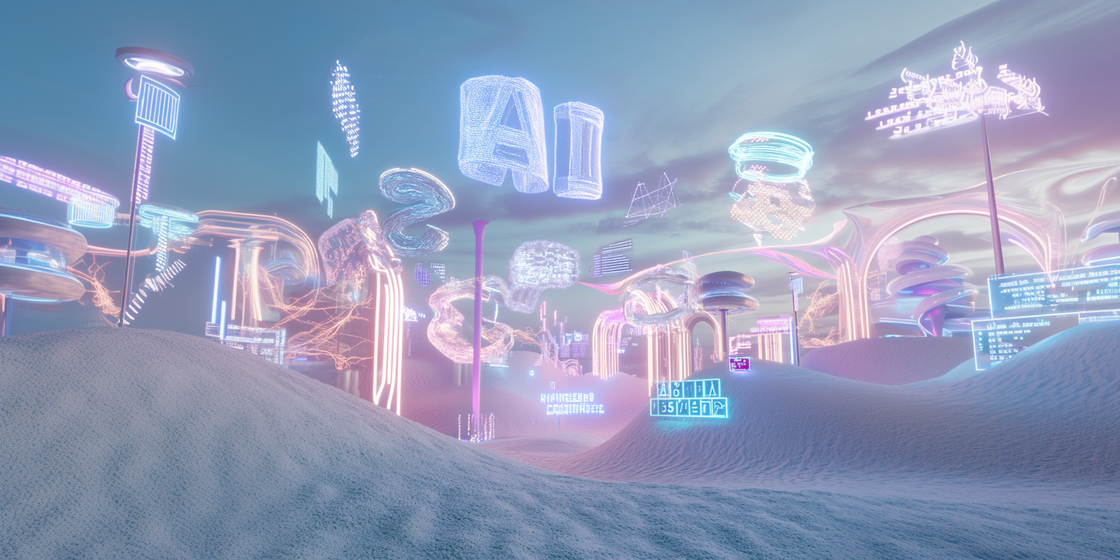 A futuristic neon-lit landscape with glowing AI structures, floating data streams, and holographic elements, evoking a cybernetic future.