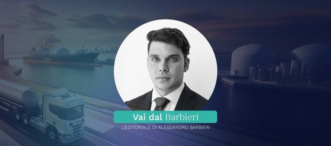 A black-and-white portrait of a man in a suit and tie, placed within a circular frame. The background features an industrial port with an LNG tanker, storage tanks, and a truck transporting gas. The text overlay reads 'Vai dal Barbieri' in teal and white, with a subtitle in Italian: 'L'editoriale di Alessandro Barbieri.
